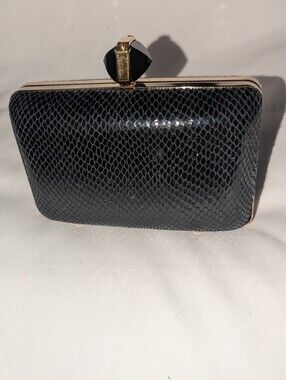 henri bendel Black Snakeskin-Texture Minaudiere Box Clutch with Gold Hardware